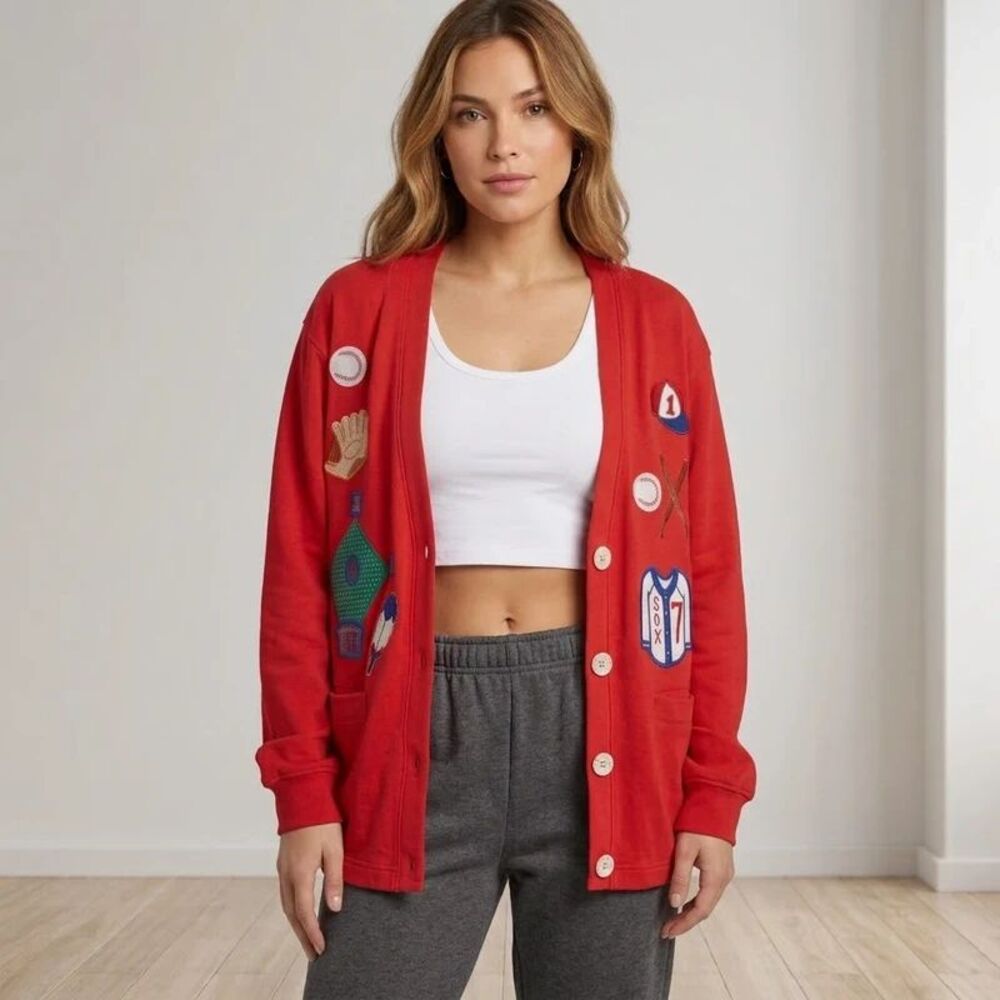 VTG 90s BellePointe At Ease Red Baseball Cardigan Sweater L Cotton Novelty Patch